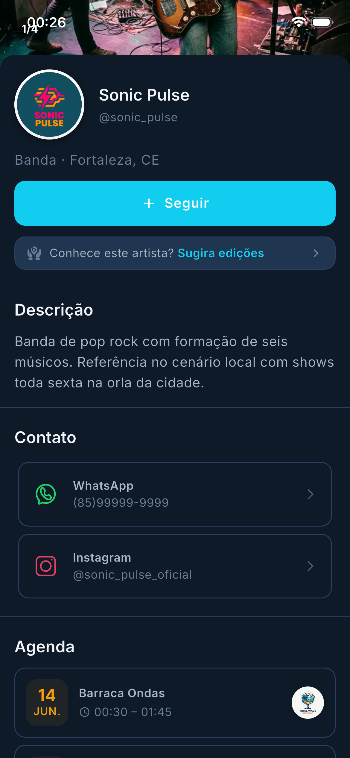 Tela do app mostrando o perfil de um artista local