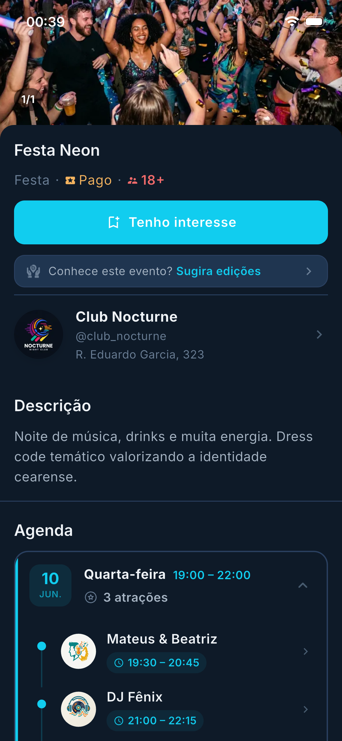 Tela do app mostrando um feed de eventos