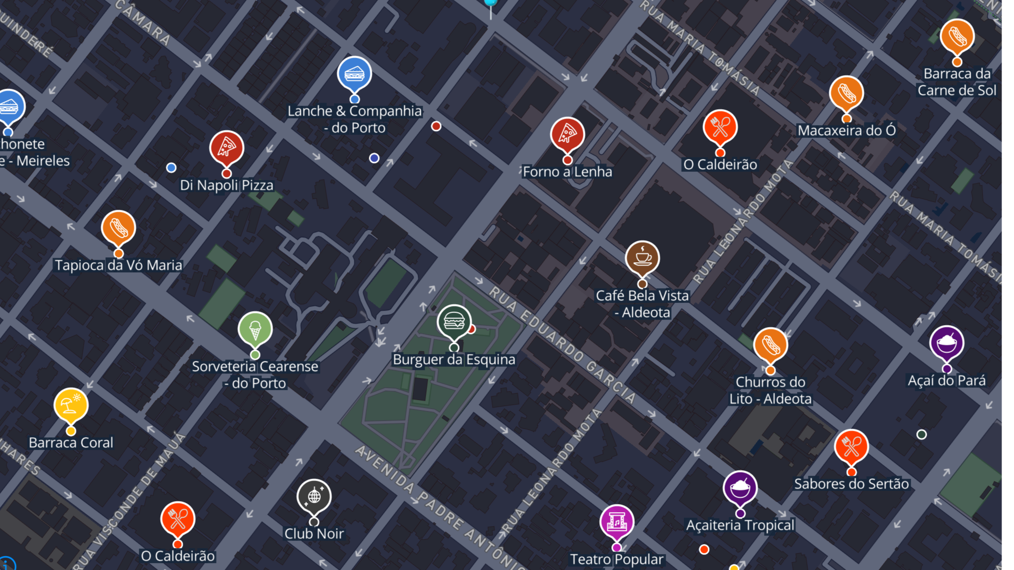Mapa cultural interativo mostrando lugares, artistas e eventos como pins coloridos