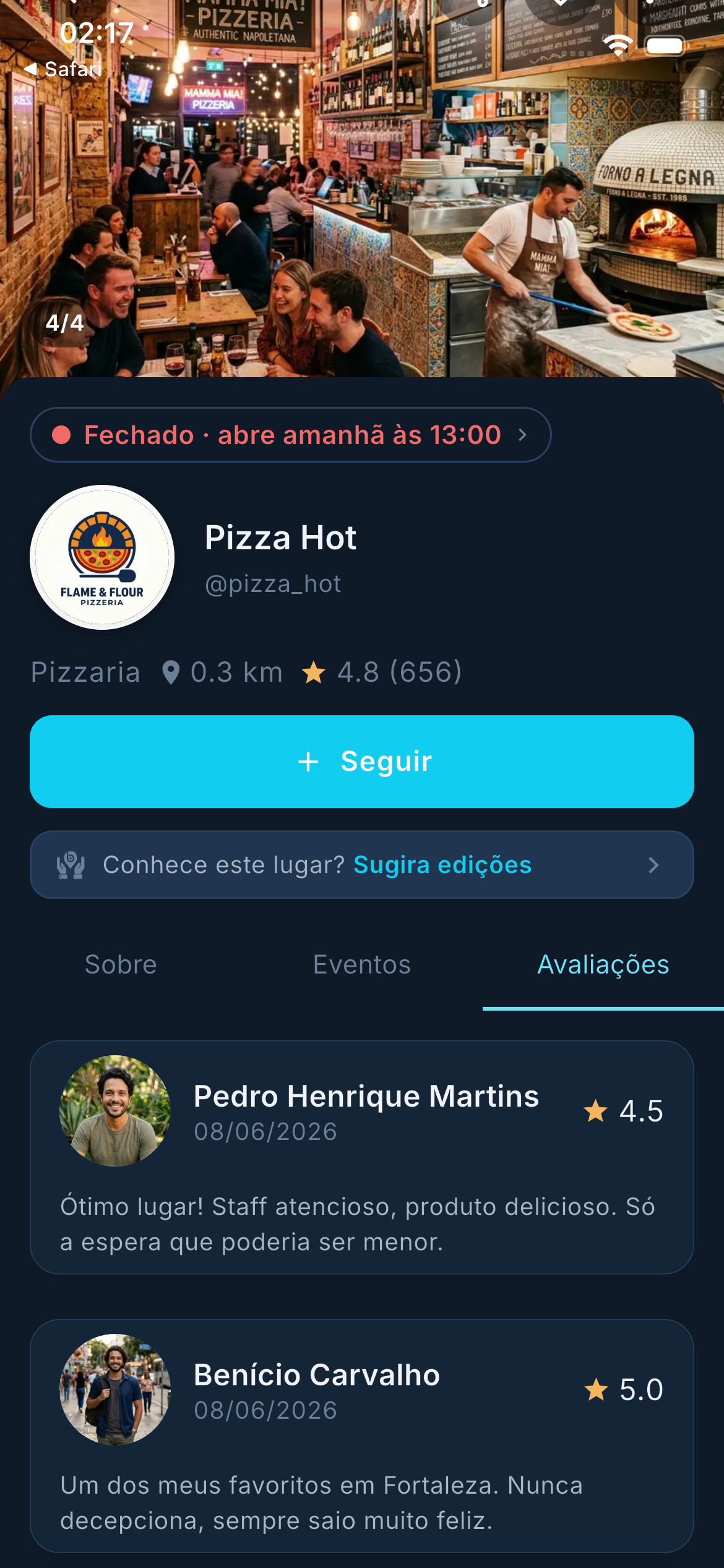 Tela do app mostrando lugares próximos